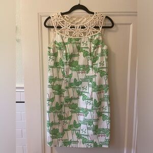 Lilly Pulitzer mint julep pattern shift dress with lace top detail